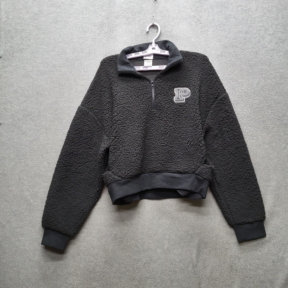 PINK Victoria's Secret Women Sweatshirt M Black Fleece Crop Patch Zipper Logo